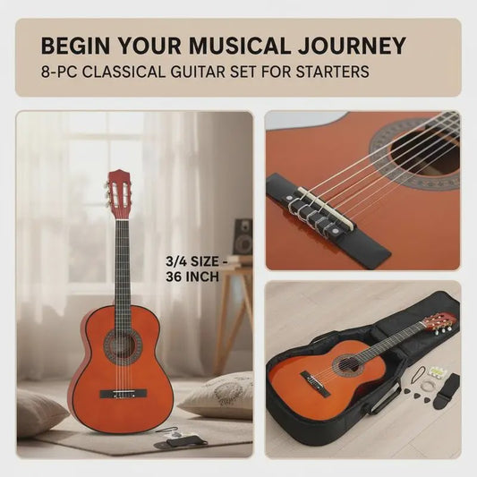 8-delige Klassieke Gitaar Set voor Beginners - 3/4 Maat (36 Inch)