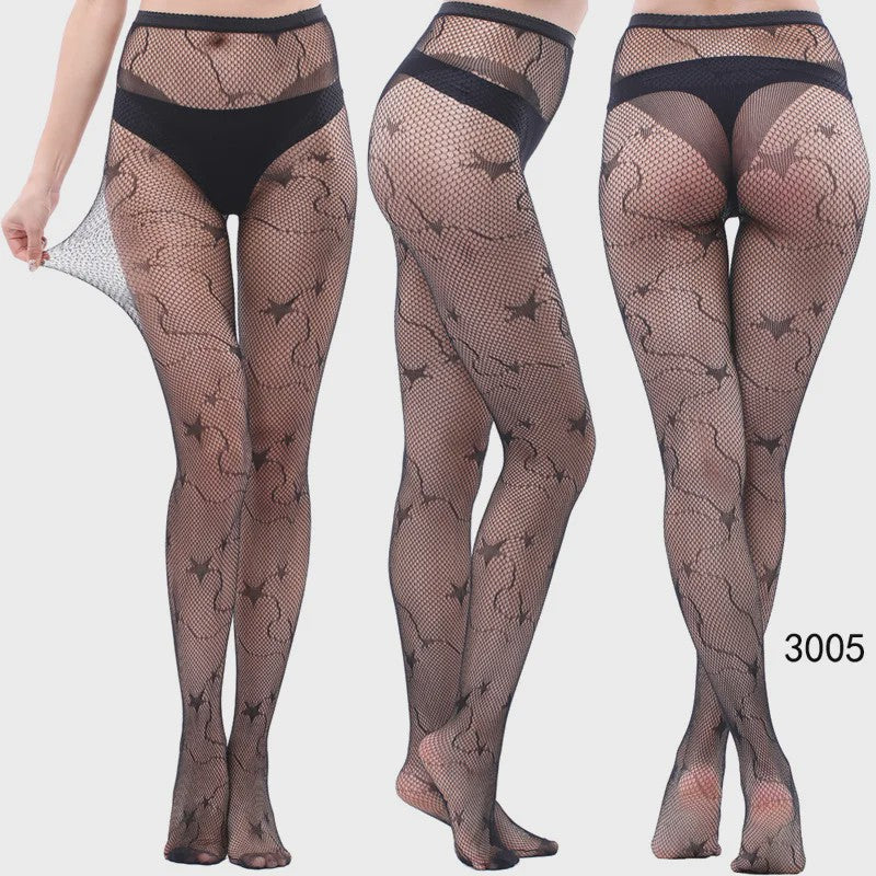 Dames Visnet Panty's met Jacquard Weefsel - Gothic Kant & Spider Net Stijl