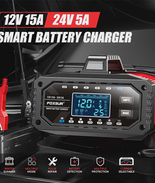 Slimme Acculader 12V 15A / 24V 5A voor Auto, Motor, Gel, AGM, LiFePO4 Batterijen