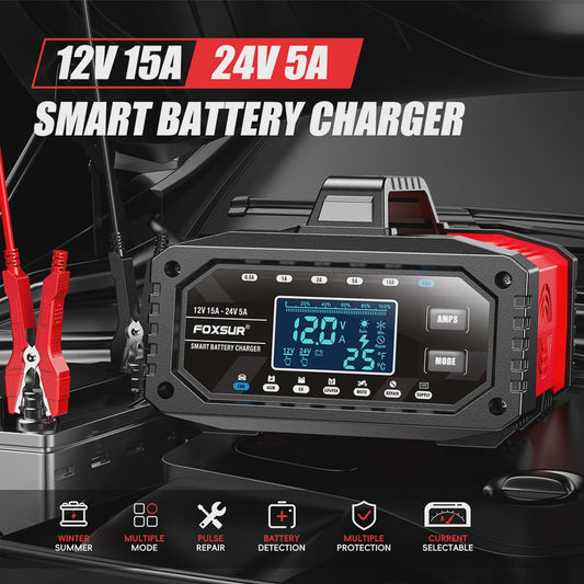 Slimme Acculader 12V 15A / 24V 5A voor Auto, Motor, Gel, AGM, LiFePO4 Batterijen