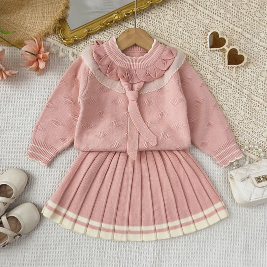 Schattige Gebreide Set: Vest met Kantkraag en Plissé Rok voor Meisjes
