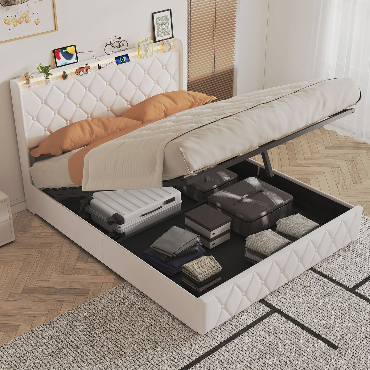 Modern Gestoffeerd Bed met Hydraulische Opbergruimte - 90x200cm of 140x200cm