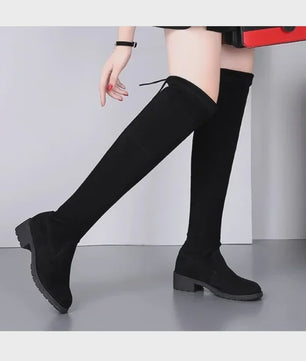 Dames Laarzen Zwart Over Knee - Winter 2024 - Comfortabele Suede Laarzen met Blokhak en Veters