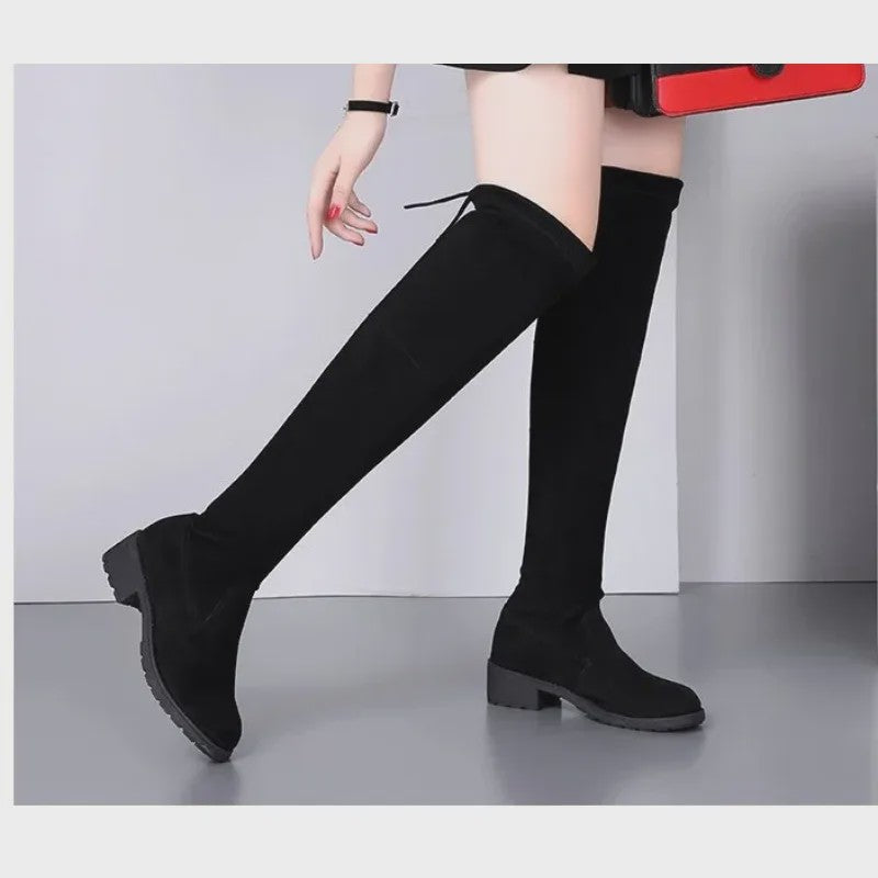 Dames Laarzen Zwart Over Knee - Winter 2024 - Comfortabele Suede Laarzen met Blokhak en Veters