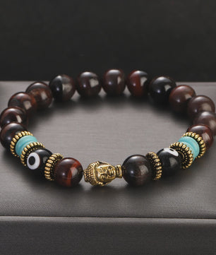 Handgemaakte Buddha & Evil Eye Armband met Turkoois Blauwe Stenen - Elastisch, Yoga Stijl