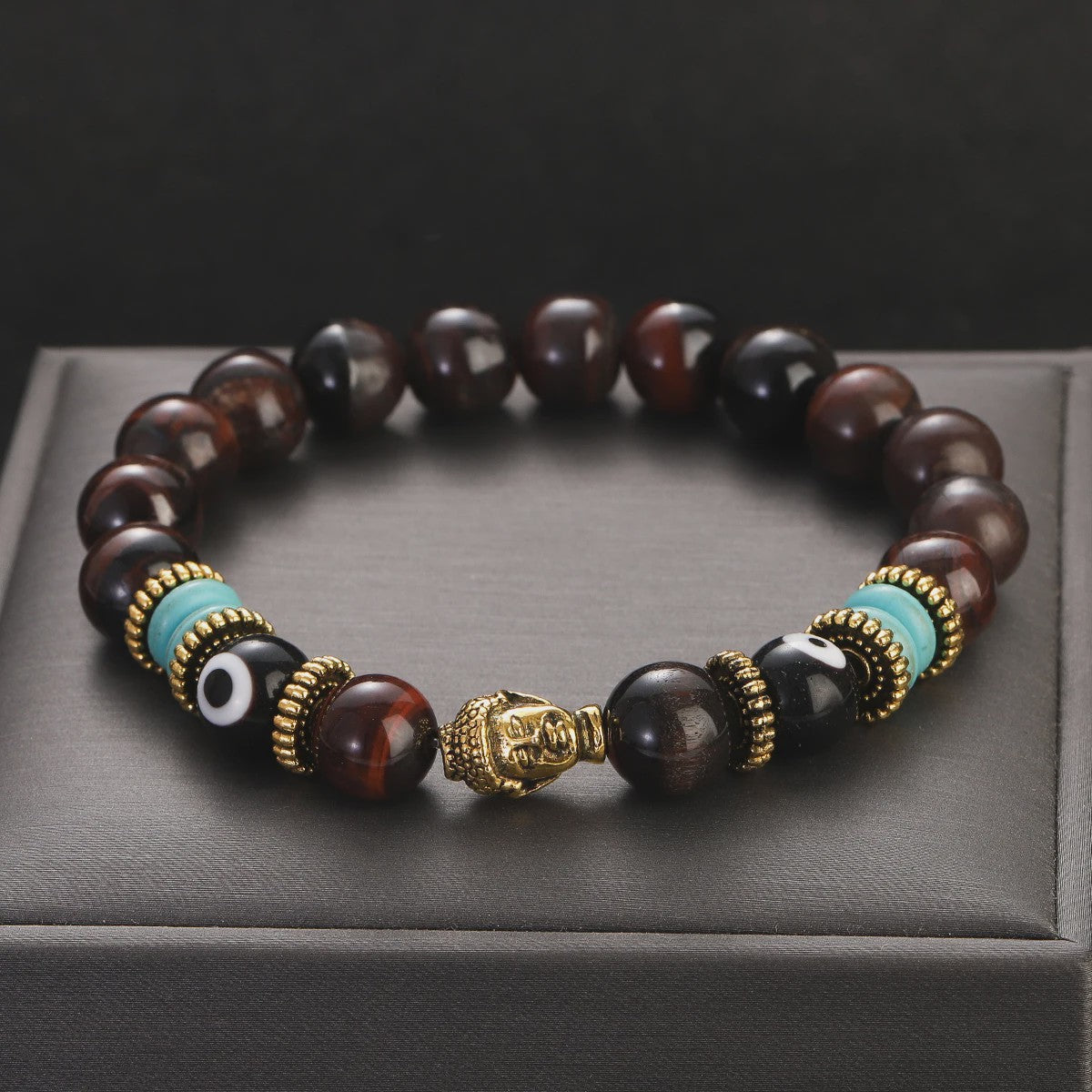 Handgemaakte Buddha & Evil Eye Armband met Turkoois Blauwe Stenen - Elastisch, Yoga Stijl