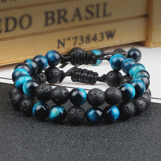 Verstelbare Lava Kralen & Tijgeroog Armband - Yoga & Helende Sieraden voor Hem en Haar