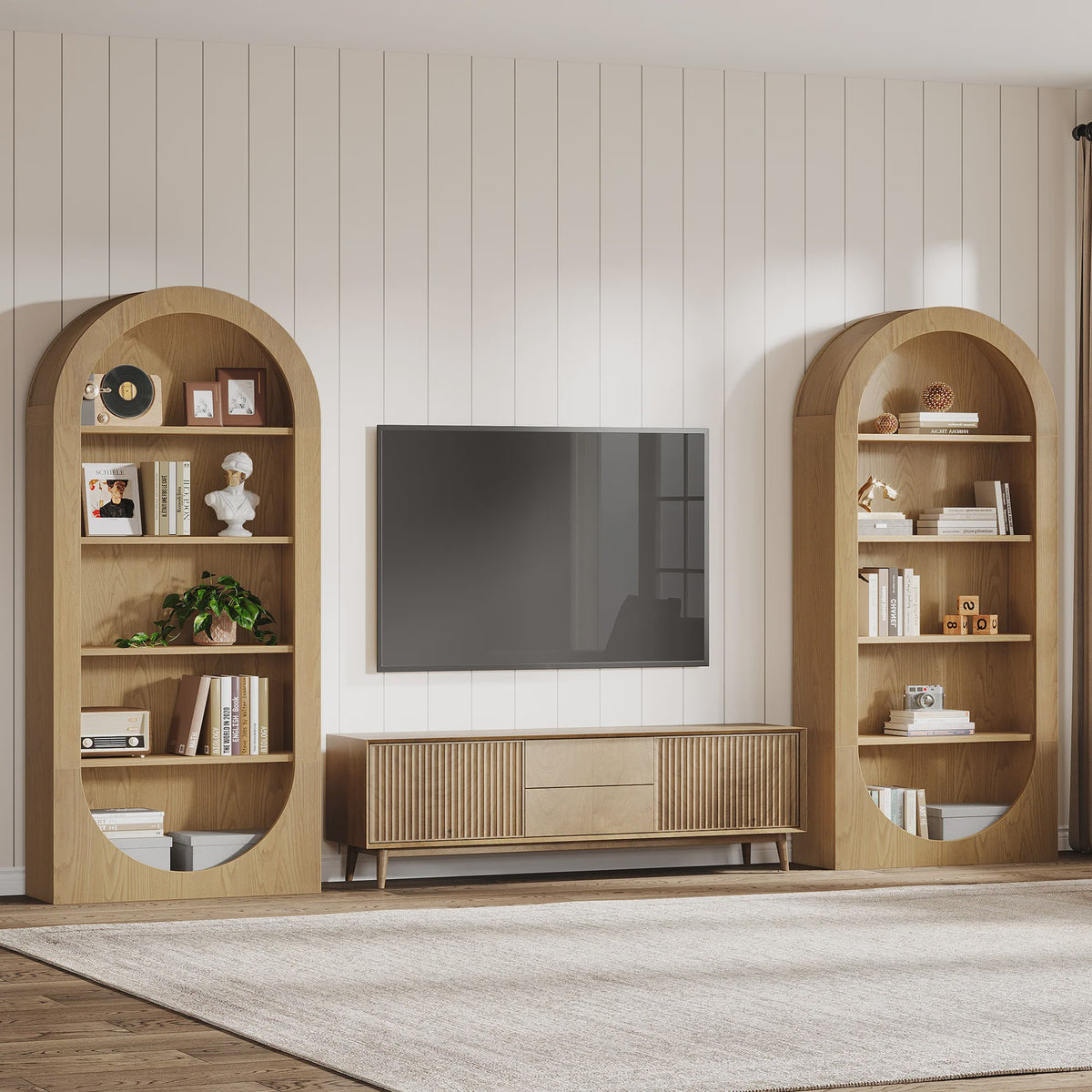 Hoge Boekenkast met 5 etages en boogontwerp - Stijlvolle Houten Displaykast