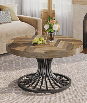 Ronde Salontafel 31" met Visgraatpatroon en Metalen Onderstel - Rustiek Bruin