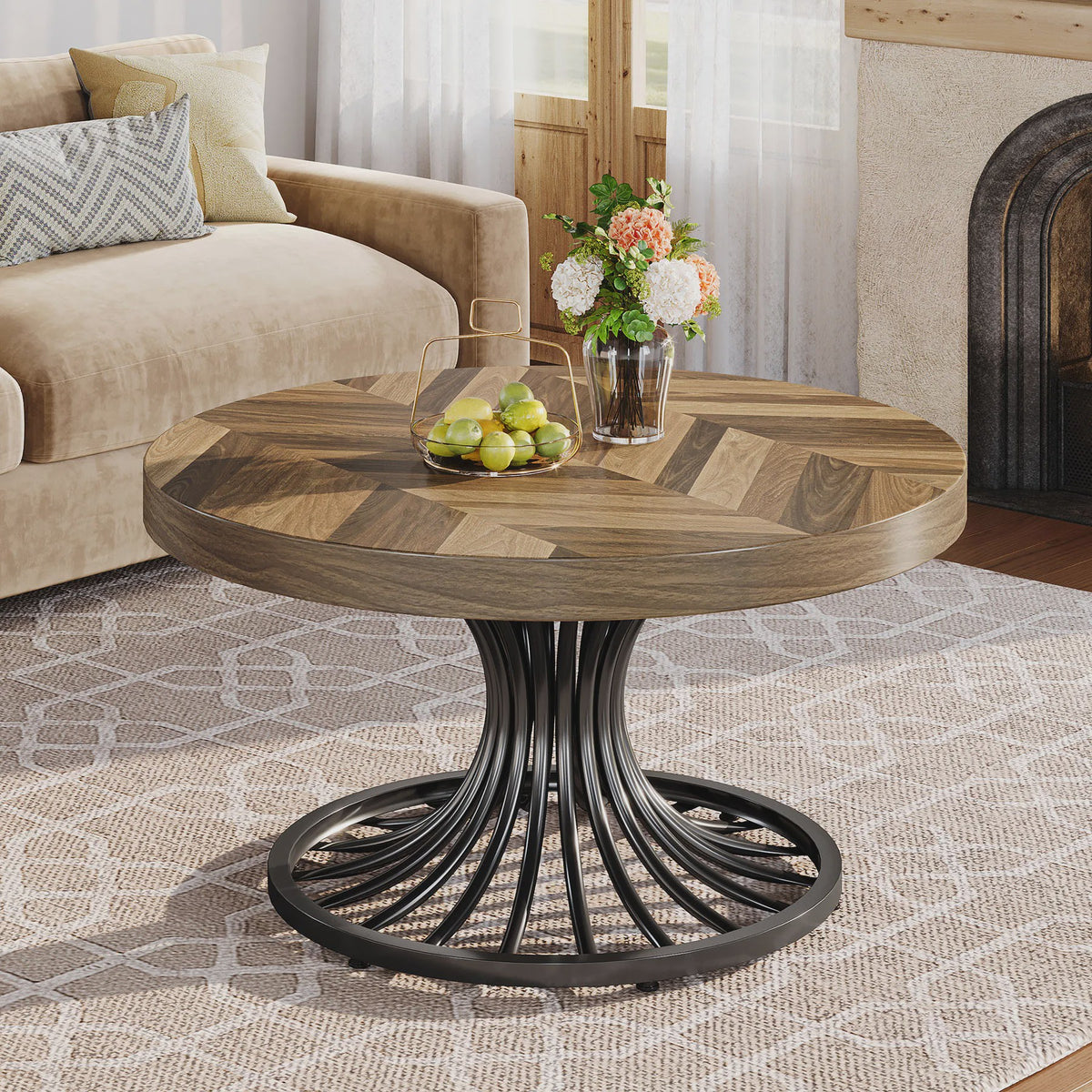 Ronde Salontafel 31" met Visgraatpatroon en Metalen Onderstel - Rustiek Bruin