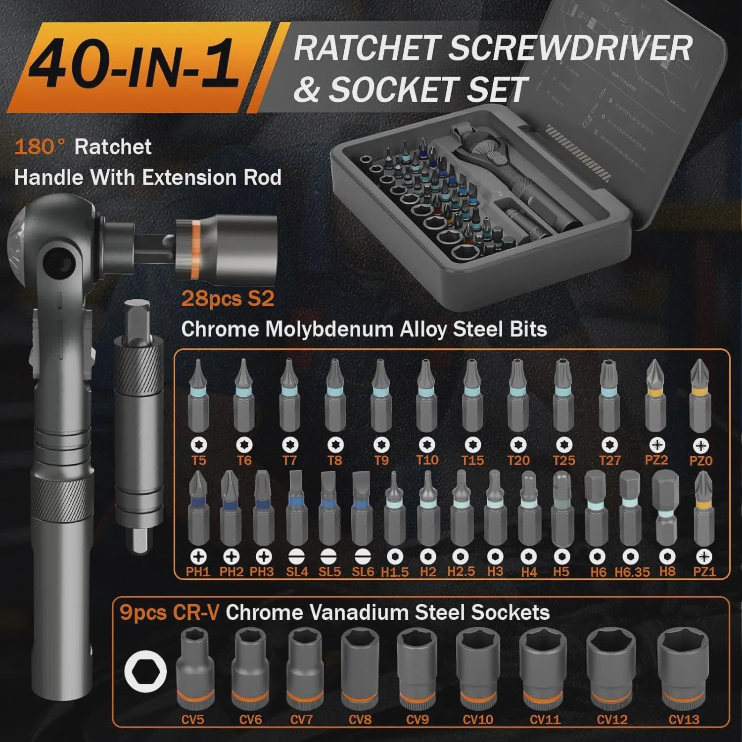 40-in-1 Magnetische Ratelschroevendraaierset met Verstelbaar Handvat & Dopsleutels