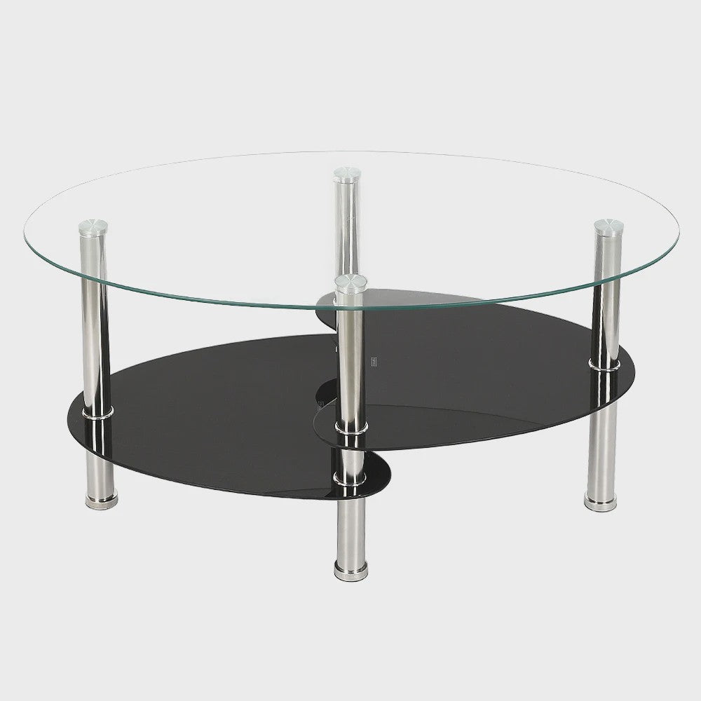 Ovale Glazen Koffietafel met 2 Niveaus - 90x50x45cm - Stijlvol en Modern