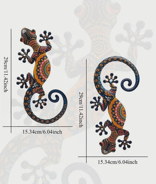 Set van 2 Metalen Gekko Wanddecoratie - Levendige Tribal Patronen voor Binnen & Buiten
