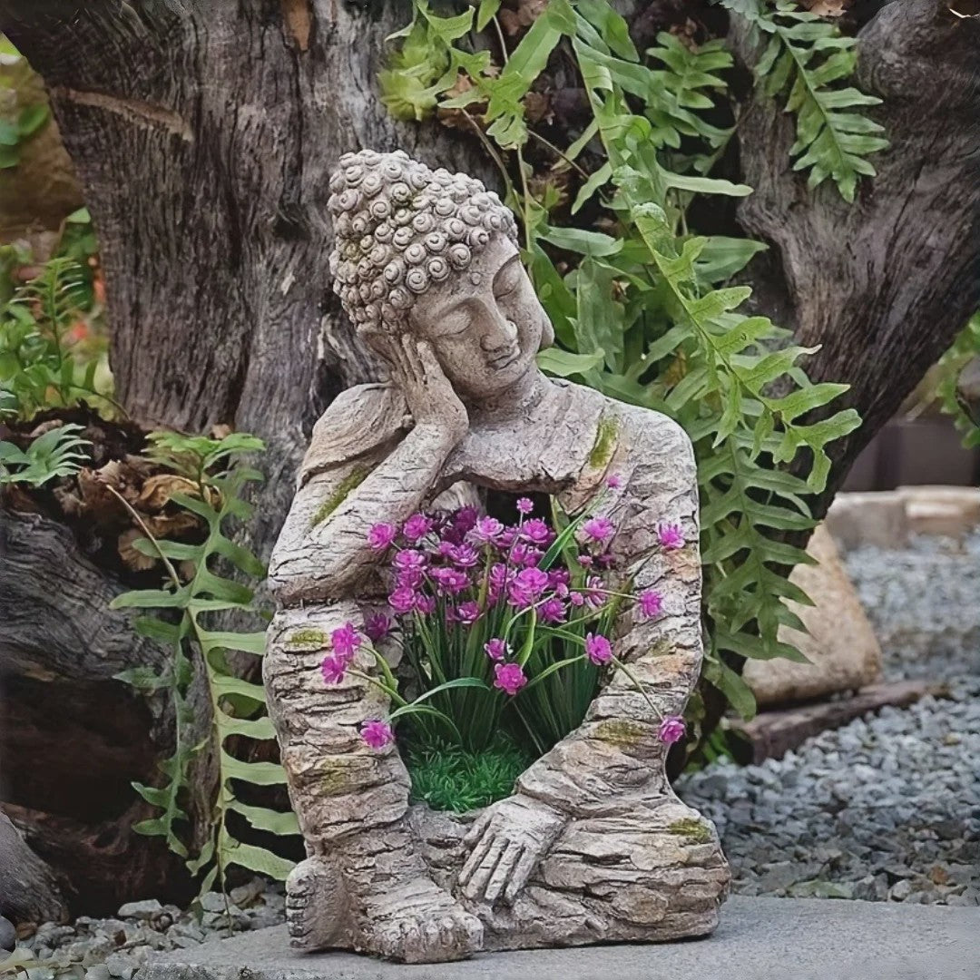 Retro Verweerd Buddha Beeld met Bloembak - Zen Tuindecoratie