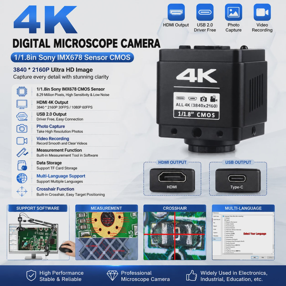 4K UHD Industriële Digitale Microscoop Camera met HDMI & USB voor Soldeerwerk