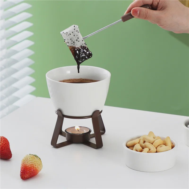 Mini Chocolade Fondue Set met Houten Dienblad en Vorkjes - Perfect voor Feestjes