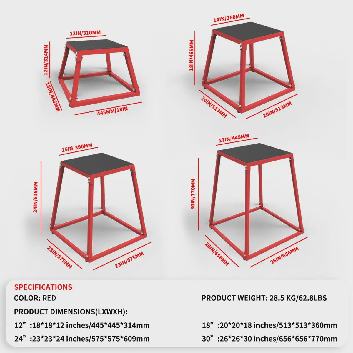 Metalen Plyo Box Springbox - Antislip Top - 12, 18, 24, 30 Inch - Home Gym Training