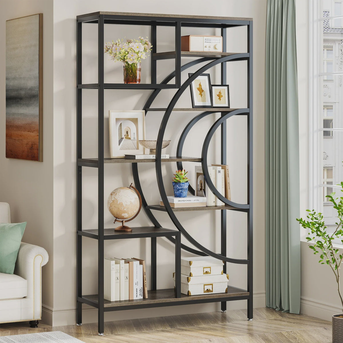 Stijlvolle 8-laags Geometrische Boekenkast met Metaal Frame - Open en Staand Ontwerp (71 inch)