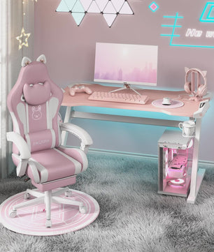 Ergonomische Gaming Chair met Kattenoren, Massagefunctie en Voetensteun - Roze