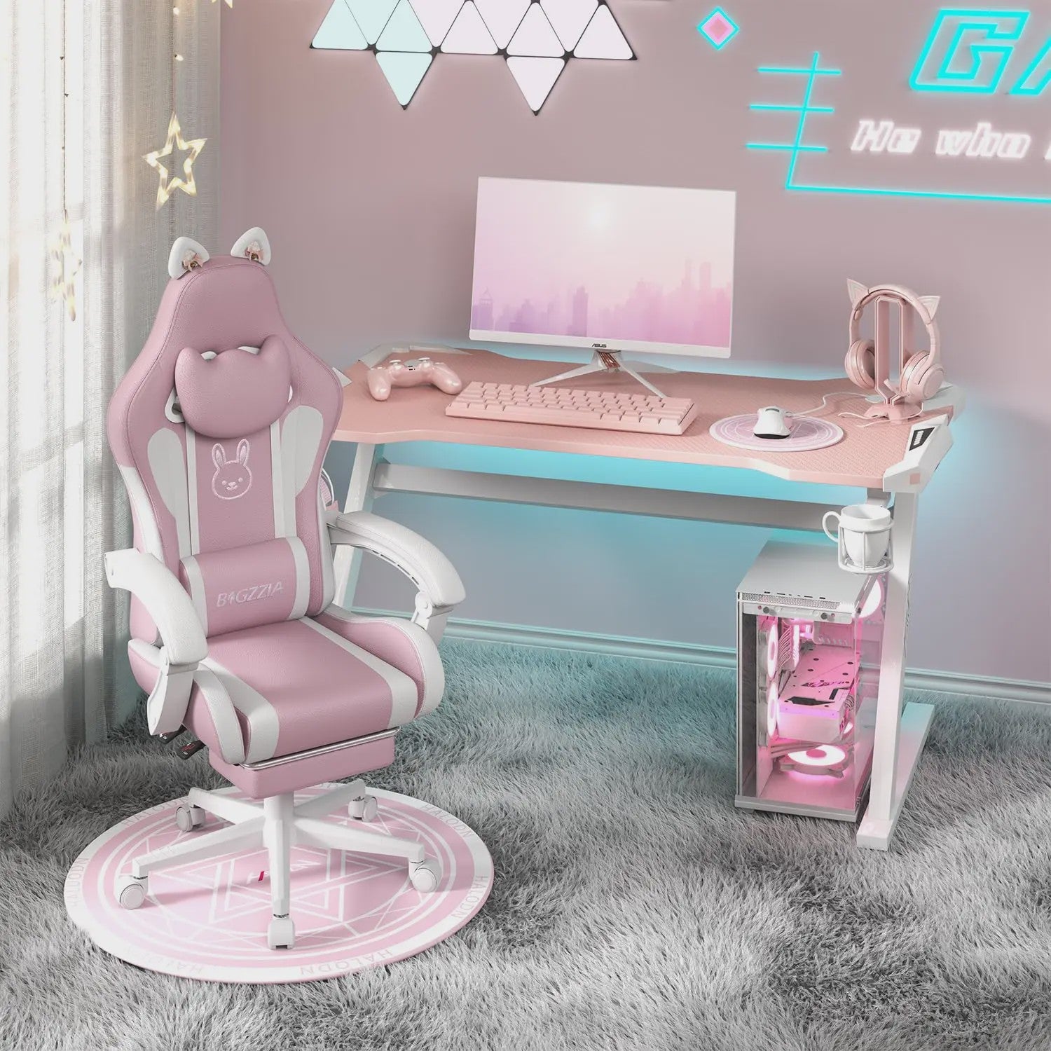 Ergonomische Gaming Chair met Kattenoren, Massagefunctie en Voetensteun - Roze
