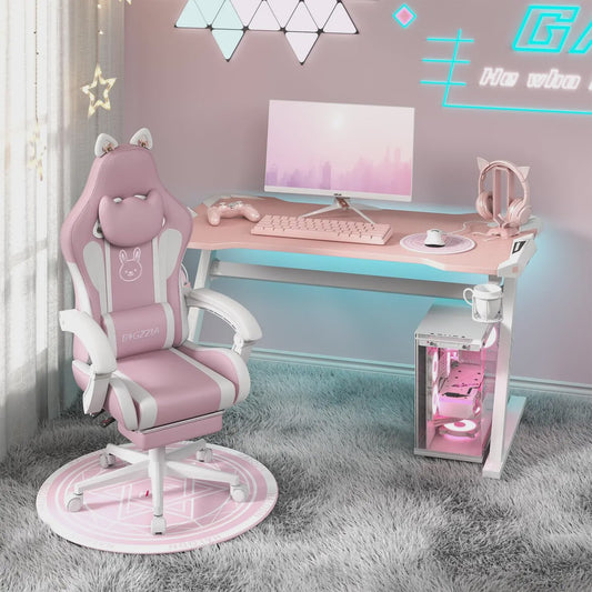 Ergonomische Gaming Chair met Kattenoren, Massagefunctie en Voetensteun - Roze