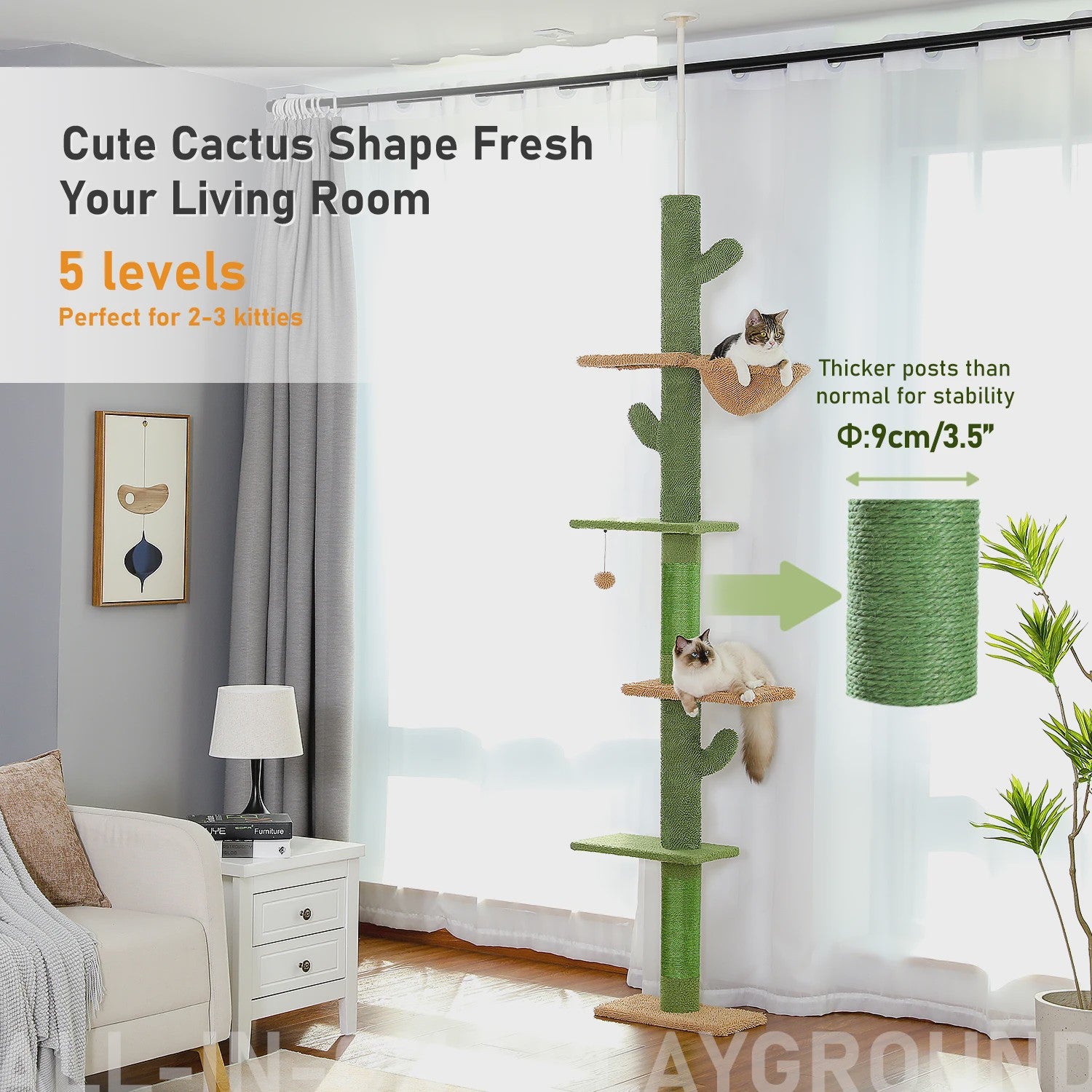 Cactus Kattenboom 5-Tier Vloer tot Plafond Klimpaal met Hangmat & Krabpaal