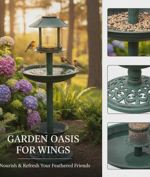 Decoratief Vogelbad met Voedersysteem en Verlichting - 97cm Hoog - Duurzaam Hars