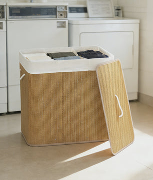 Homcom Bamboe Wasemmer met Deksel & 3 Vakken - 144L, Afneembare Voering, Handvatten - 60x40x60 cm