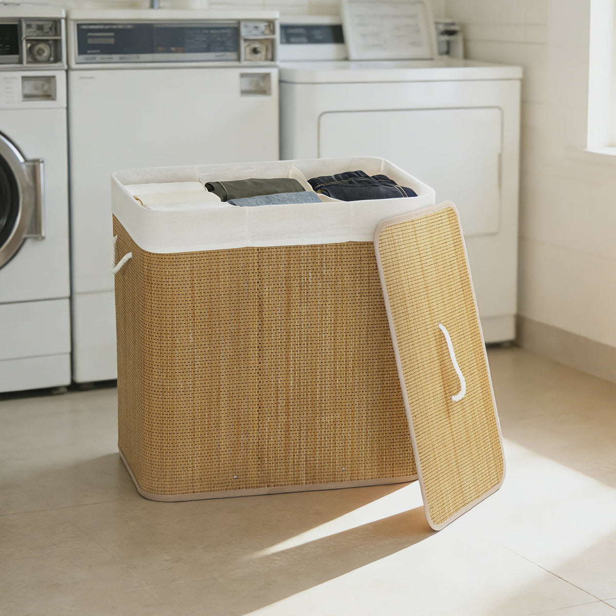 Homcom Bamboe Wasemmer met Deksel & 3 Vakken - 144L, Afneembare Voering, Handvatten - 60x40x60 cm