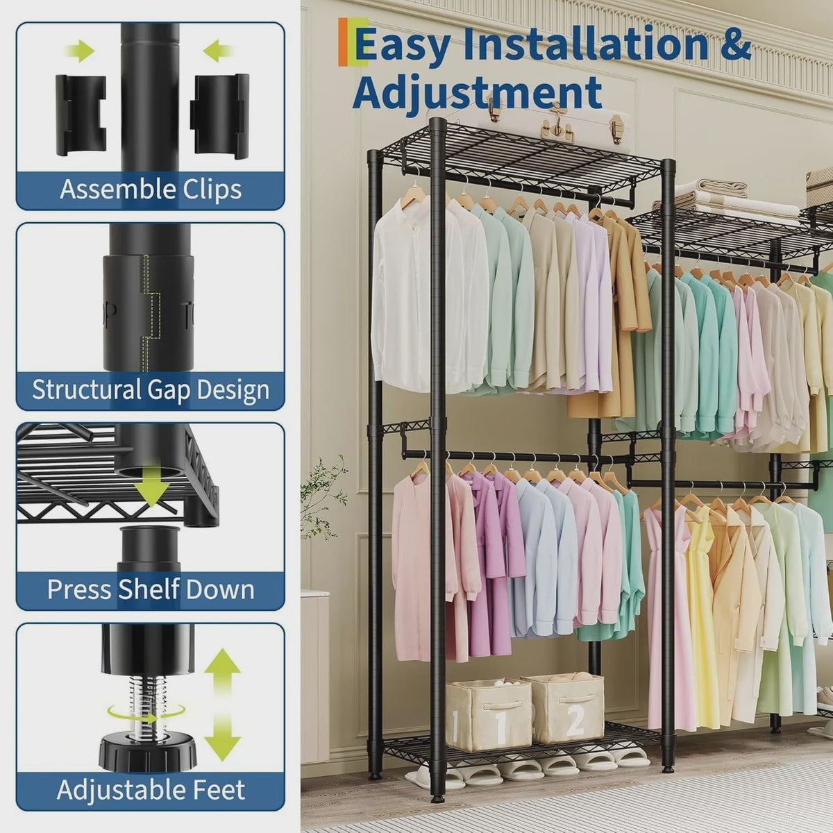 Robuust Kledingrek met 8 Draadplanken en 5 Hangroedes - Verstelbare Garderobe Organizer