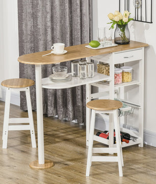 Bartafel Set met 2 Krukjes, Lade, Planken, Mand en Flessenrek - Wit