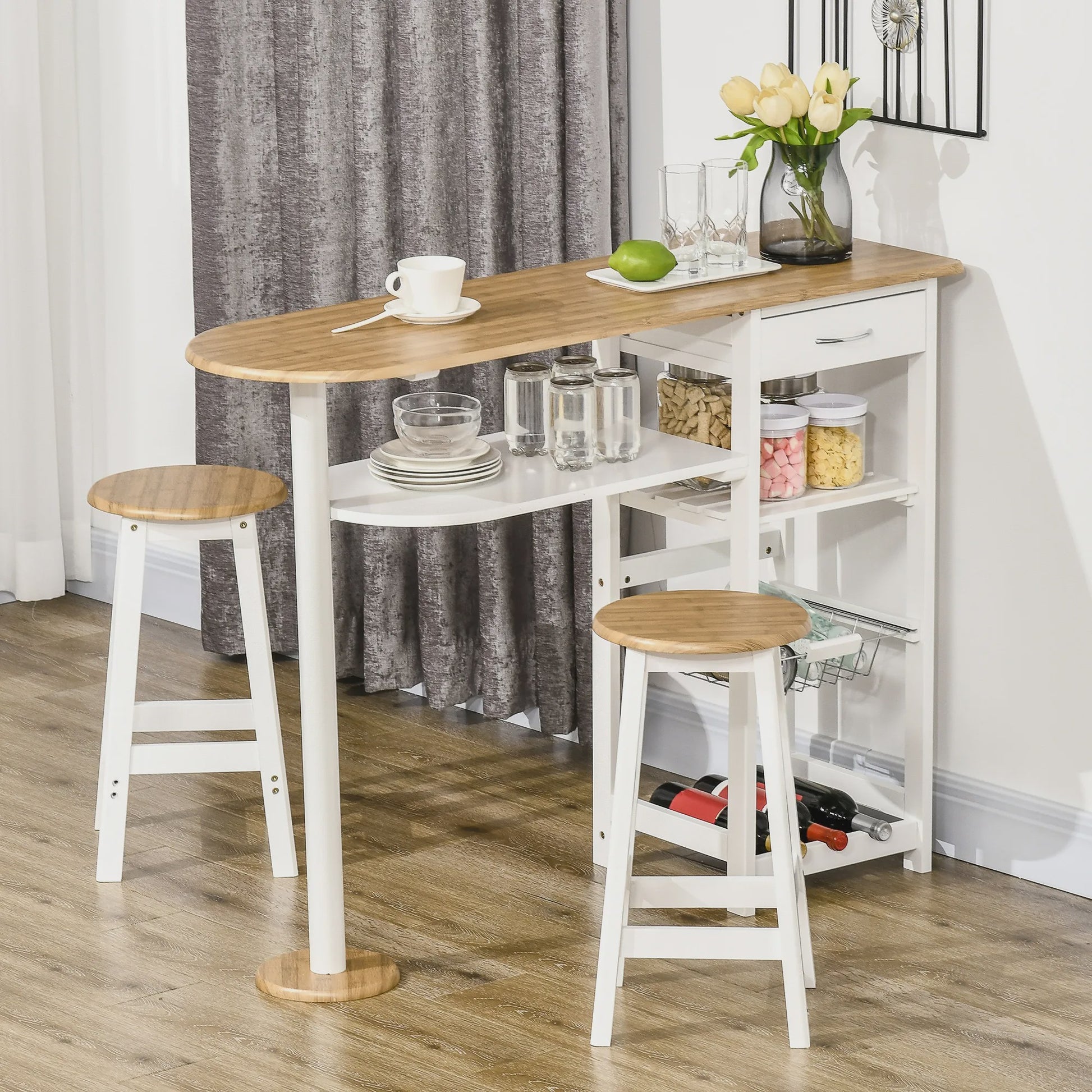 Bartafel Set met 2 Krukjes, Lade, Planken, Mand en Flessenrek - Wit