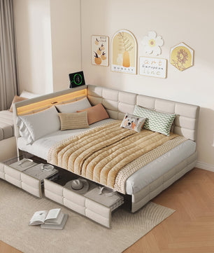 Multifunctioneel Sofa Bed met LED Verlichting, USB Opladen en 2 Lades - 90/140x200cm