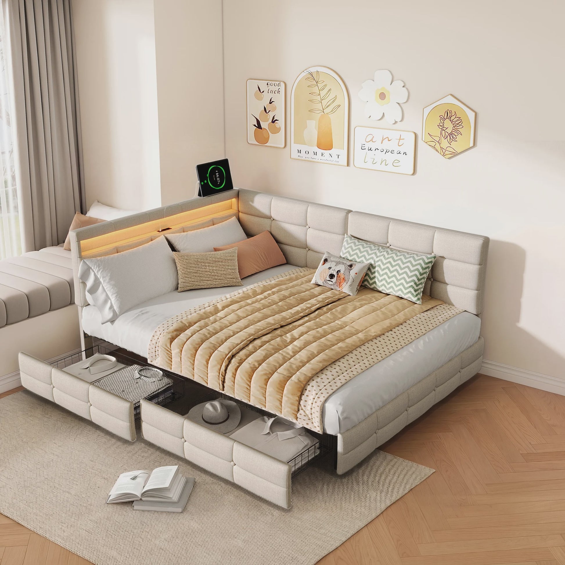 Multifunctioneel Sofa Bed met LED Verlichting, USB Opladen en 2 Lades - 90/140x200cm