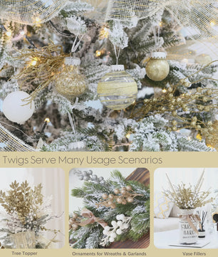 8x Glitter Bessen Takken - Kerstdecoratie & Feestaccessoires