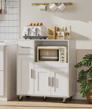 Keuken Hulpmeubel met Wielen en Uittrekbare Tray - Wit