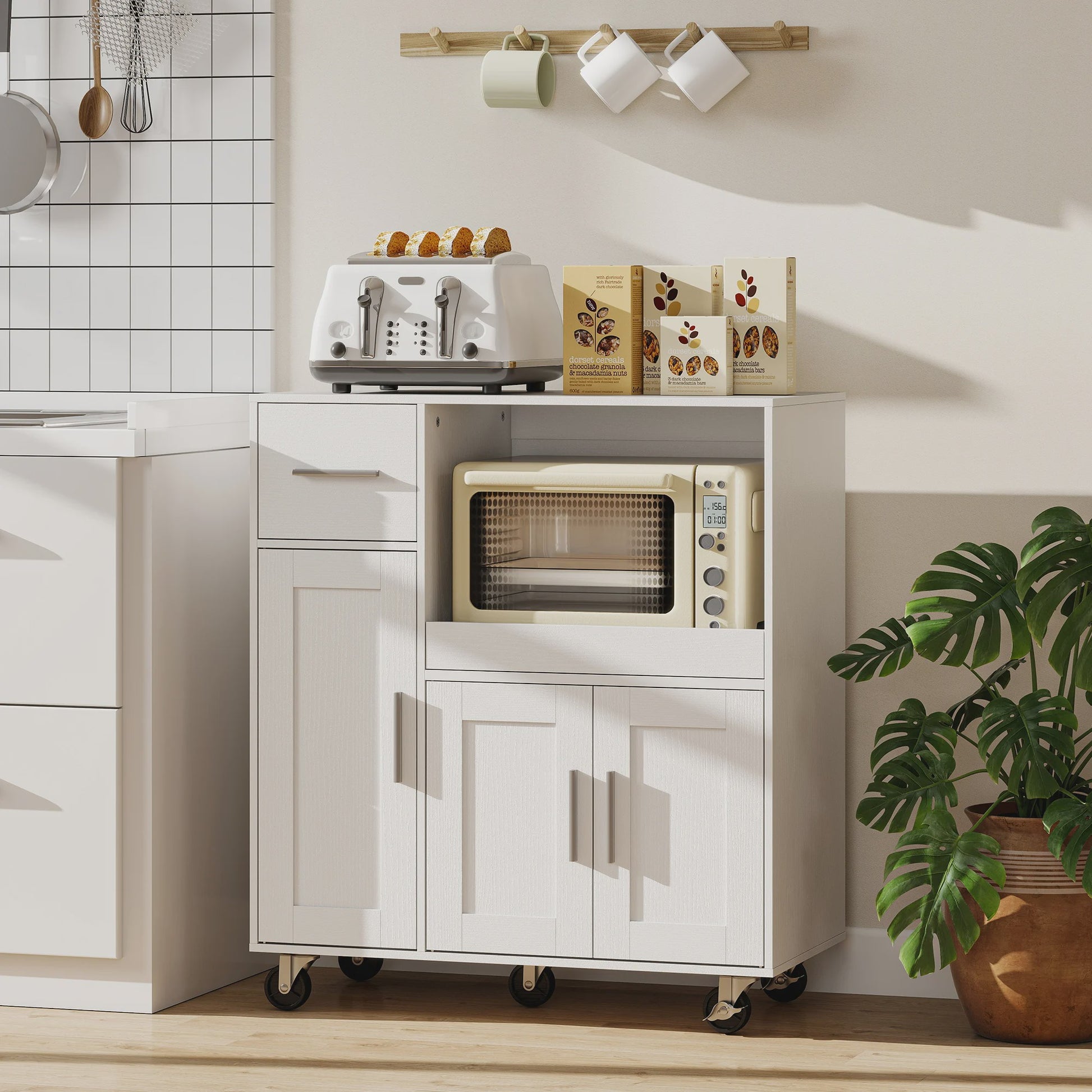 Keuken Hulpmeubel met Wielen en Uittrekbare Tray - Wit