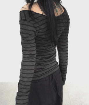 Dames Off-Shoulder Gestreept T-shirt met Lange Mouwen - Y2K Street Style