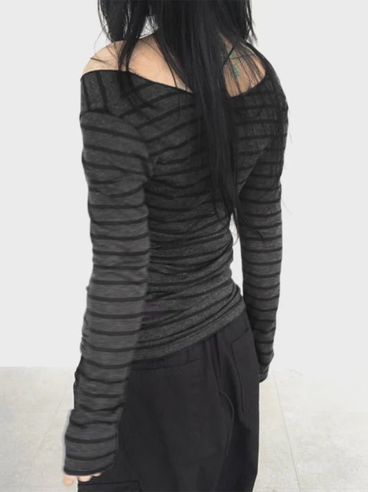Dames Off-Shoulder Gestreept T-shirt met Lange Mouwen - Y2K Street Style