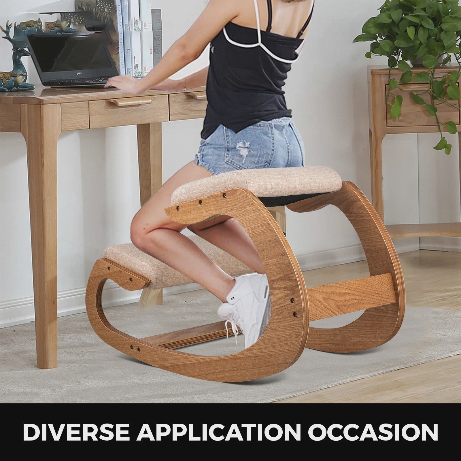 Ergonomische Kniekruk met Dik Zitkussen - Houten Schommelstoel voor Betere Houding