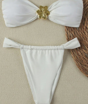 Dames Push-Up Bandeau Bikini Set met Braziliaanse Thong en Goudkleurige Ring Detail