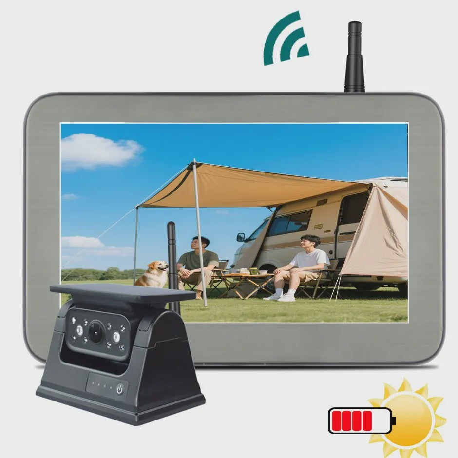 QXNY Wireless Solar Powered Energy Magnet Reverse Backup Camera with AHD 5"  Rear View Monitor for Camper Truck Trailer Rv