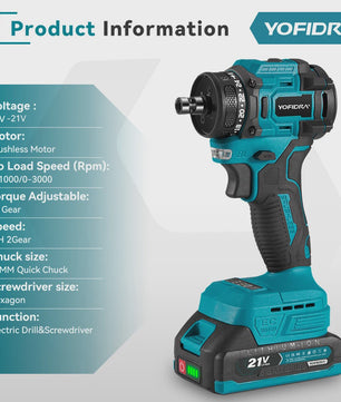 YOFIDRA 21V Brushless Accuboormachine - 10mm Klopboorfunctie, 24 Versnellingen