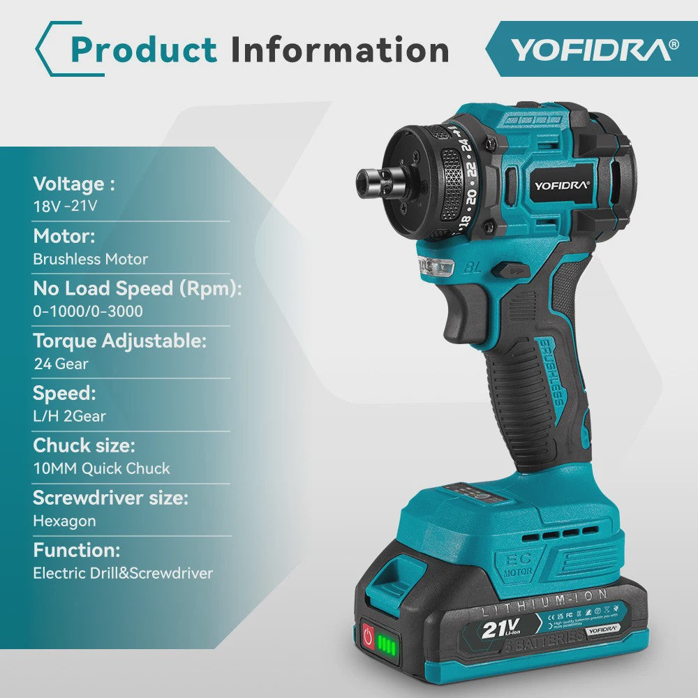 YOFIDRA 21V Brushless Accuboormachine - 10mm Klopboorfunctie, 24 Versnellingen