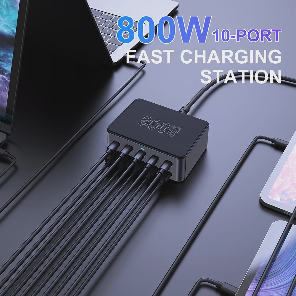 800W GaN Snellader met 10 Poorten (5x USB-C 100W, 5x USB-A 60W) - PD3.0 PPS QC3.0