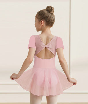 Girls Short Sleeve Ballet Leotard Girls Mesh Dance Leotard with Skirt  Kids Back Bow Knot Dancewear