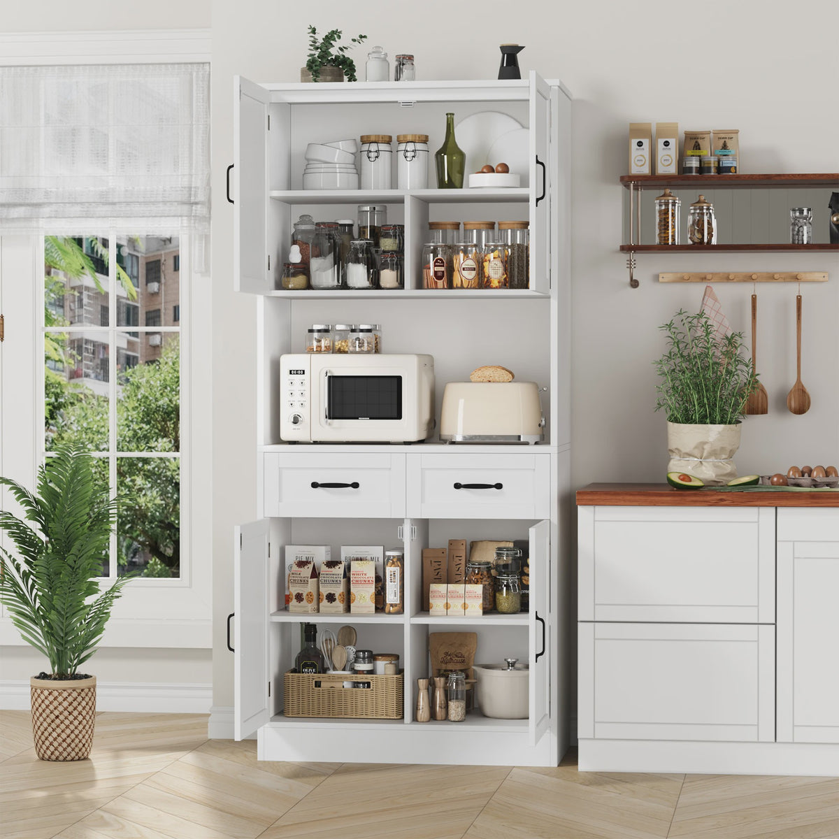 Stijlvolle Witte Keukenkast 180cm - Buffetkast met Aanrechtblad, Voorraadkast met 4 Deuren & 2 Lades