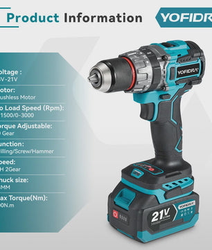 YOFIDRA Accuboormachine 18V-21V Brushless Motor, 13mm Boorhouder, 20+3 Koppelinstellingen, Boor/Schroef/Slagfunctie