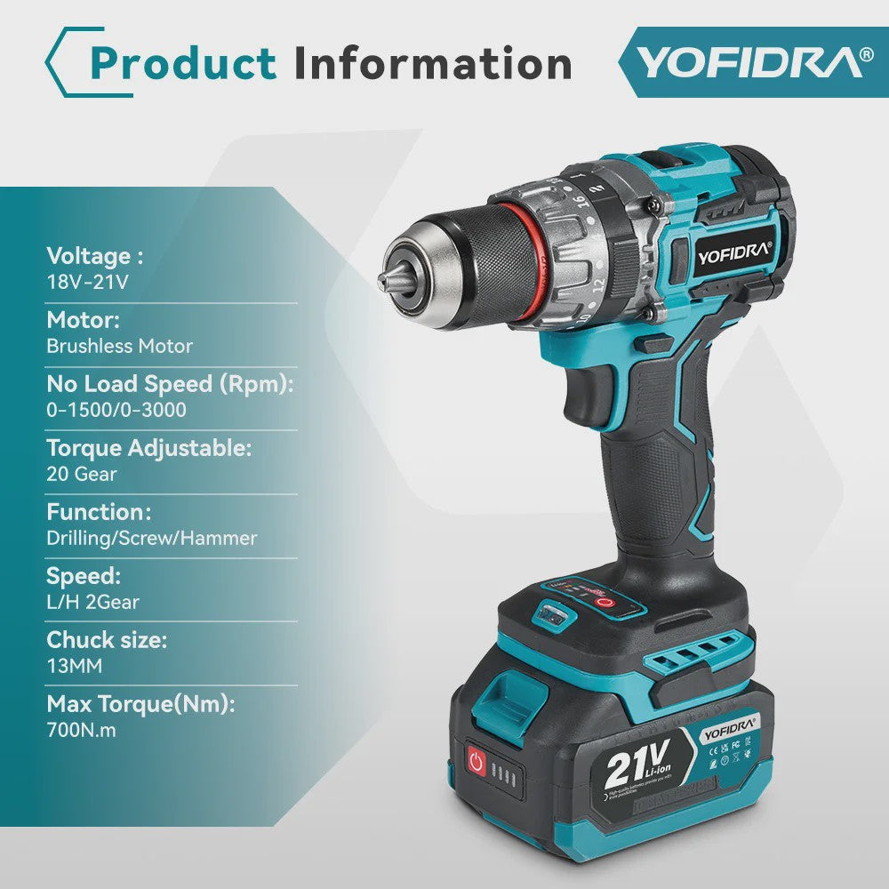 YOFIDRA Accuboormachine 18V-21V Brushless Motor, 13mm Boorhouder, 20+3 Koppelinstellingen, Boor/Schroef/Slagfunctie