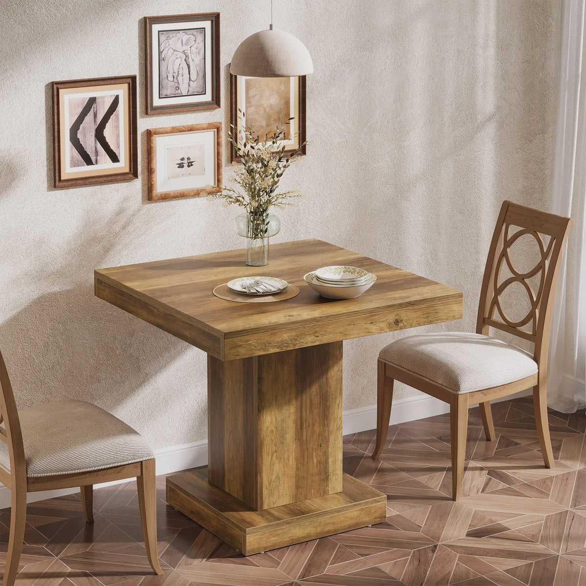 Rustieke Houten Eettafel Vierkant 31.5 Inch met Pootonderstel - Geschikt voor 4 Personen